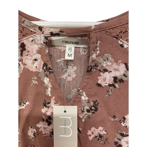 Maurices Floral Boho Top Lace Detail Bell Sleeves Womens M Rayon Pink/Brown - Picture 3 of 5